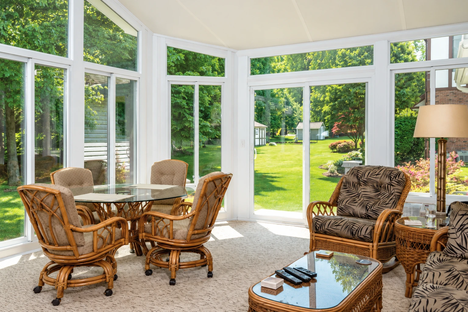 Bright four-season sunroom with white-framed windows, wicker seating and a view of a green garden.