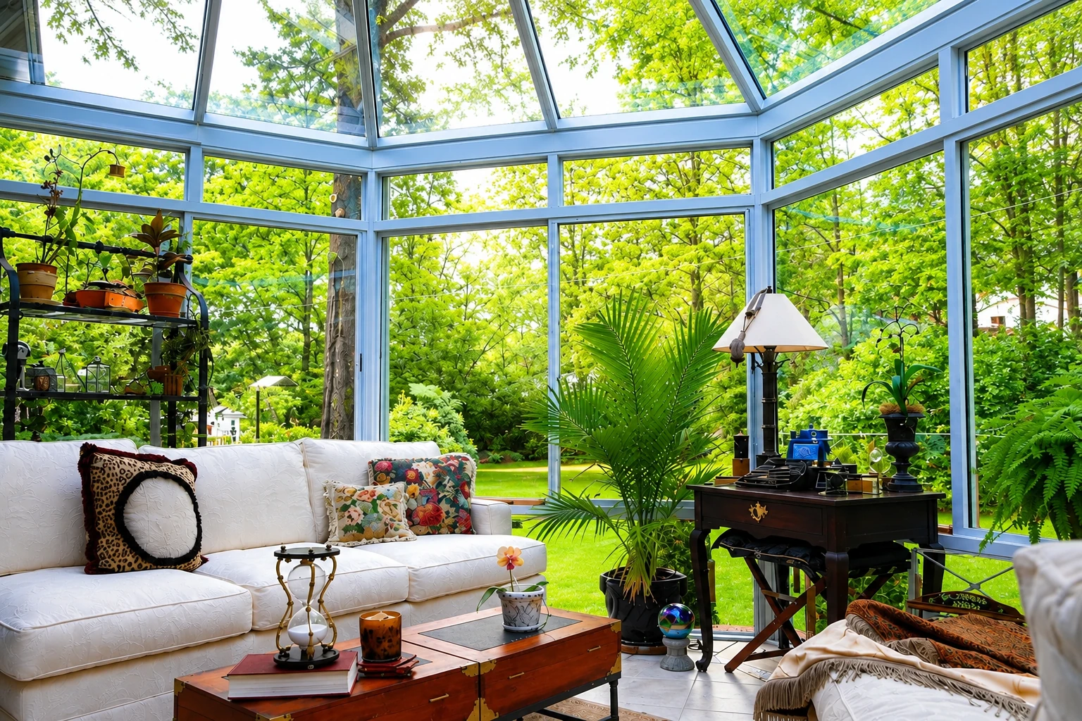 Custom sunroom with a glass roof and walls, furnished with white sofas, plants, and a wooden coffee table.
