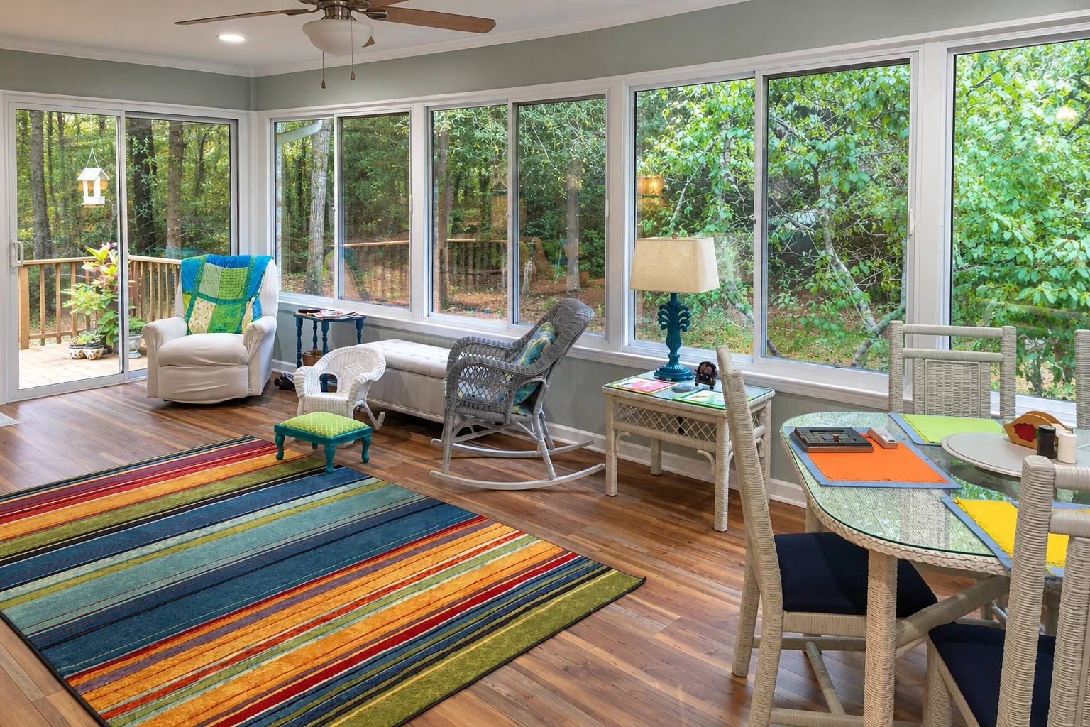 A sunroom with white-framed windows, wood floors, a colorful striped rug, and wicker seating overlooks a wooded yard.