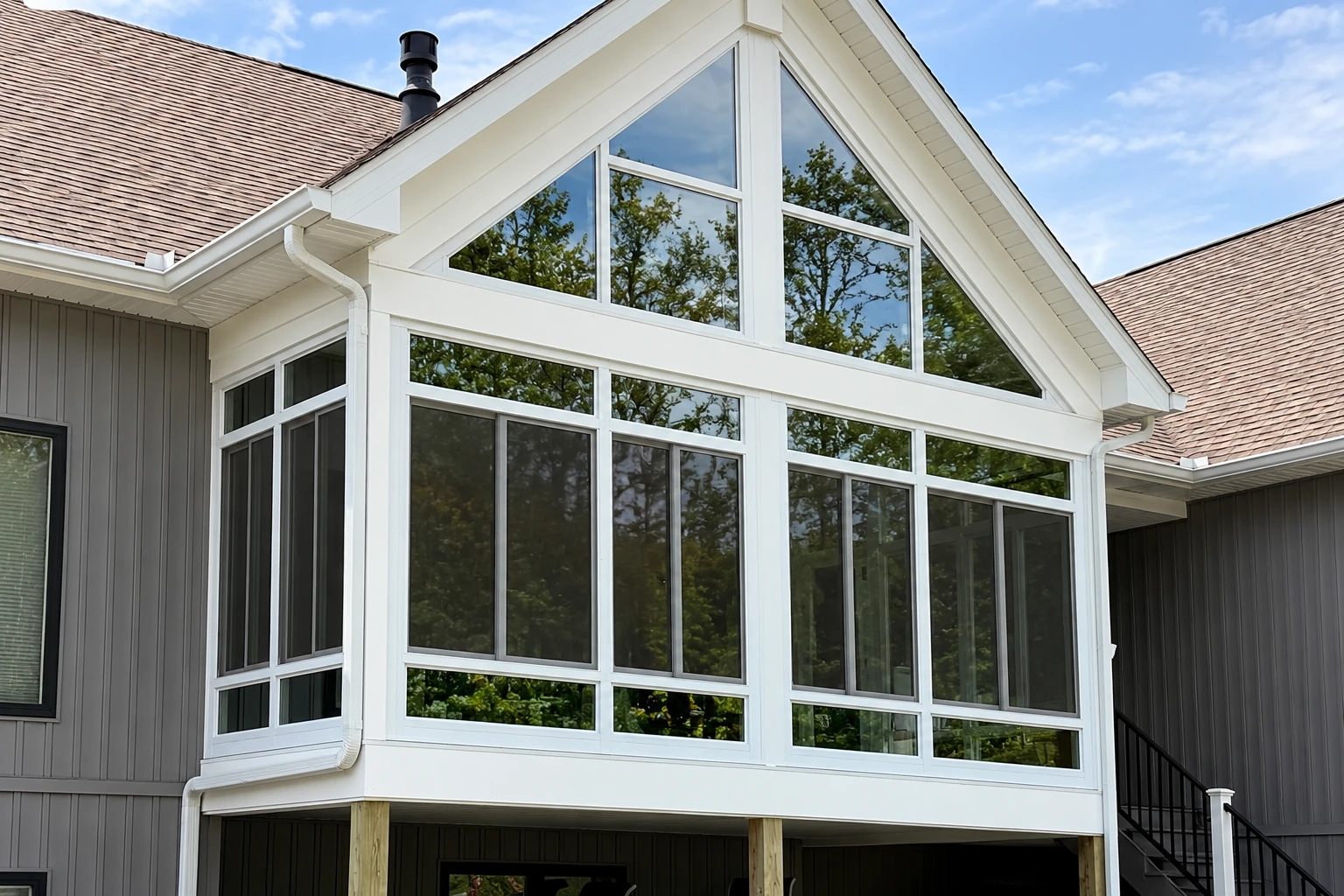 A white-framed sunroom addition with a high triangular glass gable, set above a deck on a gray-sided house.