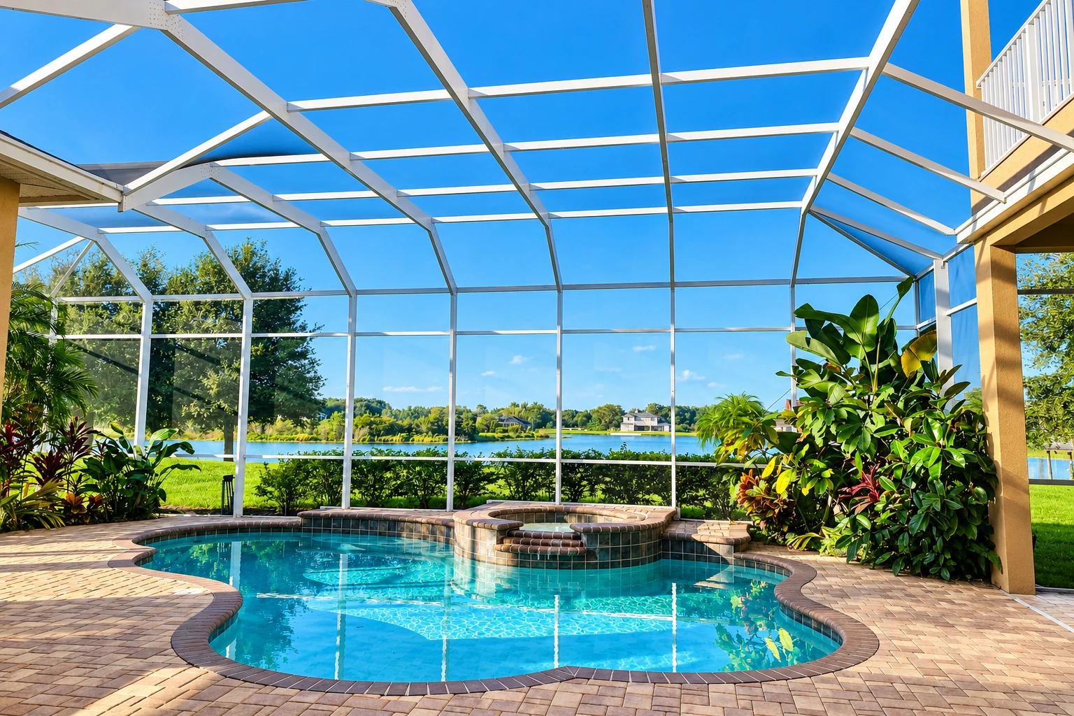 Enclosed patio with a white screen structure around a swimming pool and spa, overlooking a lake.
