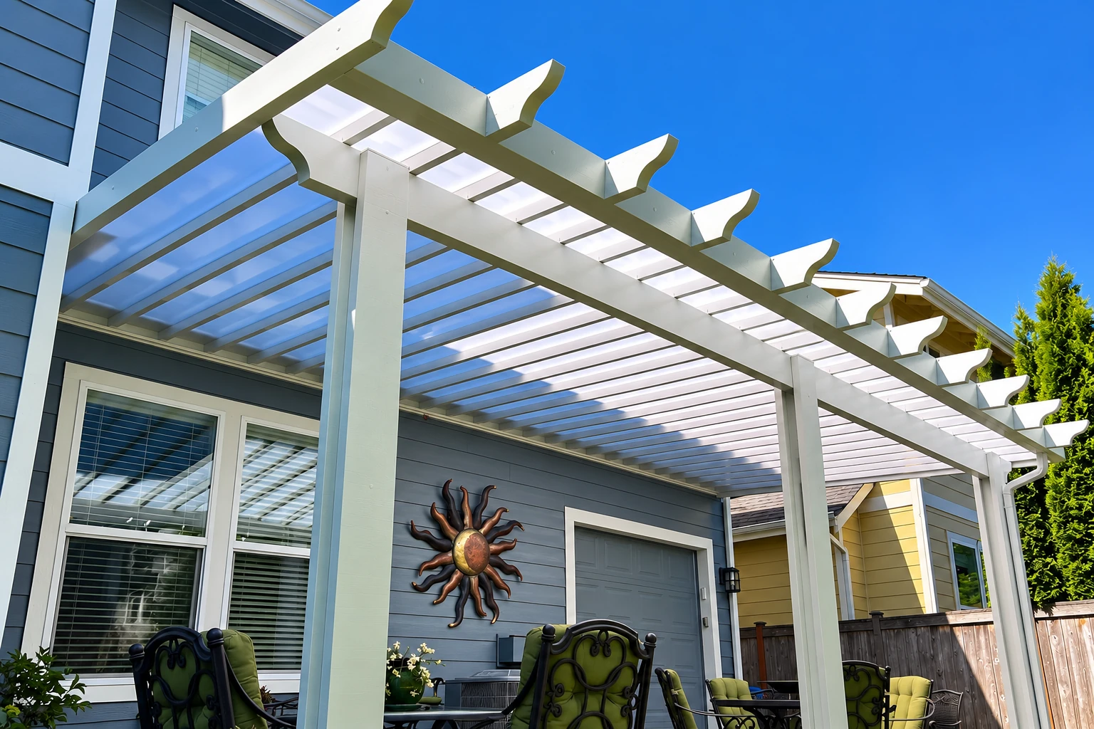 A white patio cover with translucent roof panels extends from a blue-sided house over an outdoor seating area.