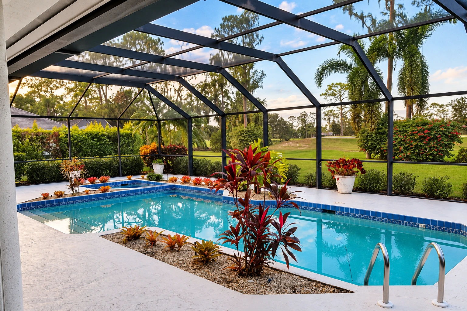 A black-framed screen room encloses a swimming pool, with mesh roof panels, tropical plants, and garden views.