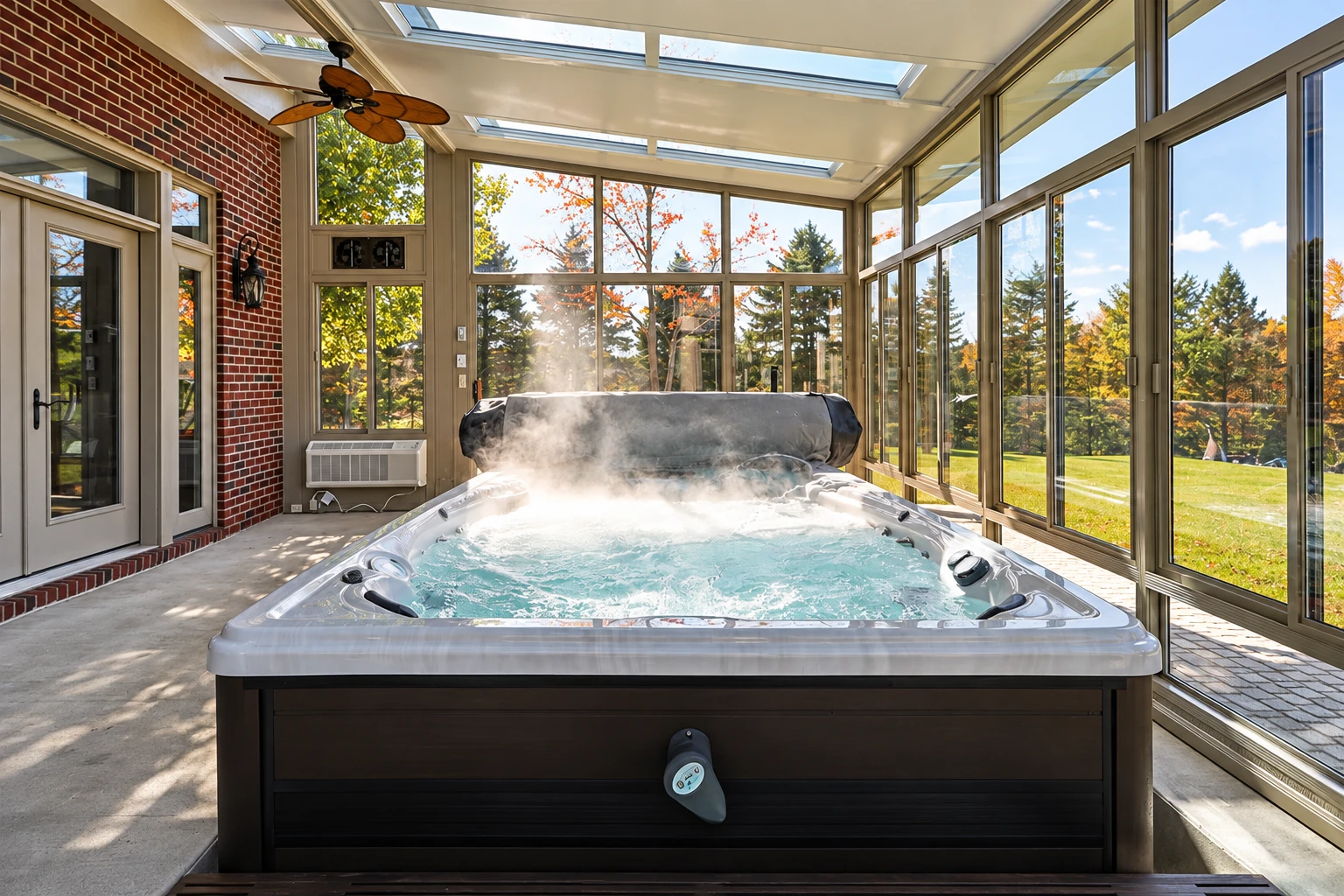 Solarium with tall windows and skylights surrounding a steaming hot tub beside a brick wall.
