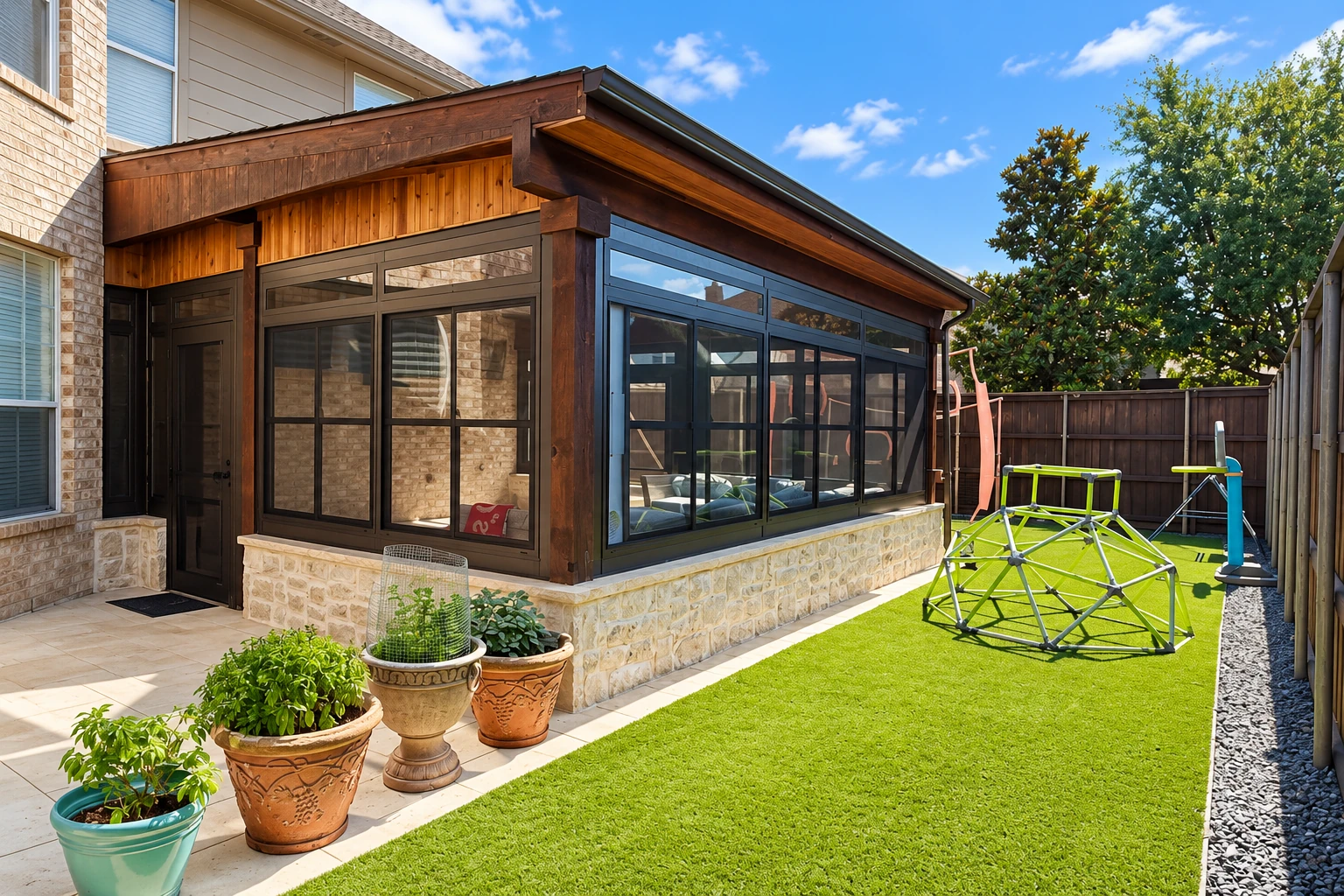 A dark-wood sunroom addition with large black-framed windows and a stone base sits beside a lawn and potted plants.