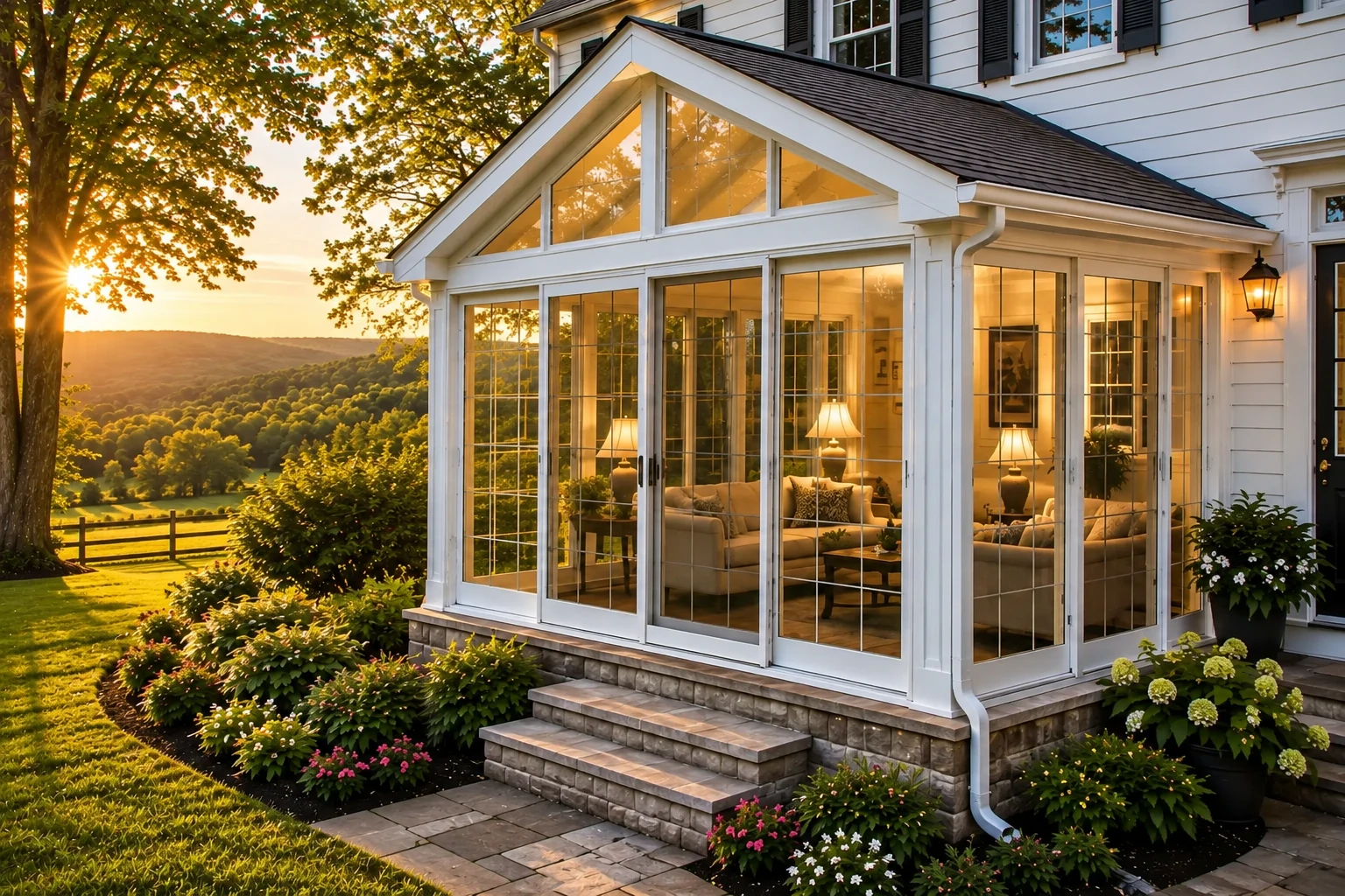 White sunroom addition with a peaked glass facade, warm interior lighting and stone steps amid landscaped gardens.