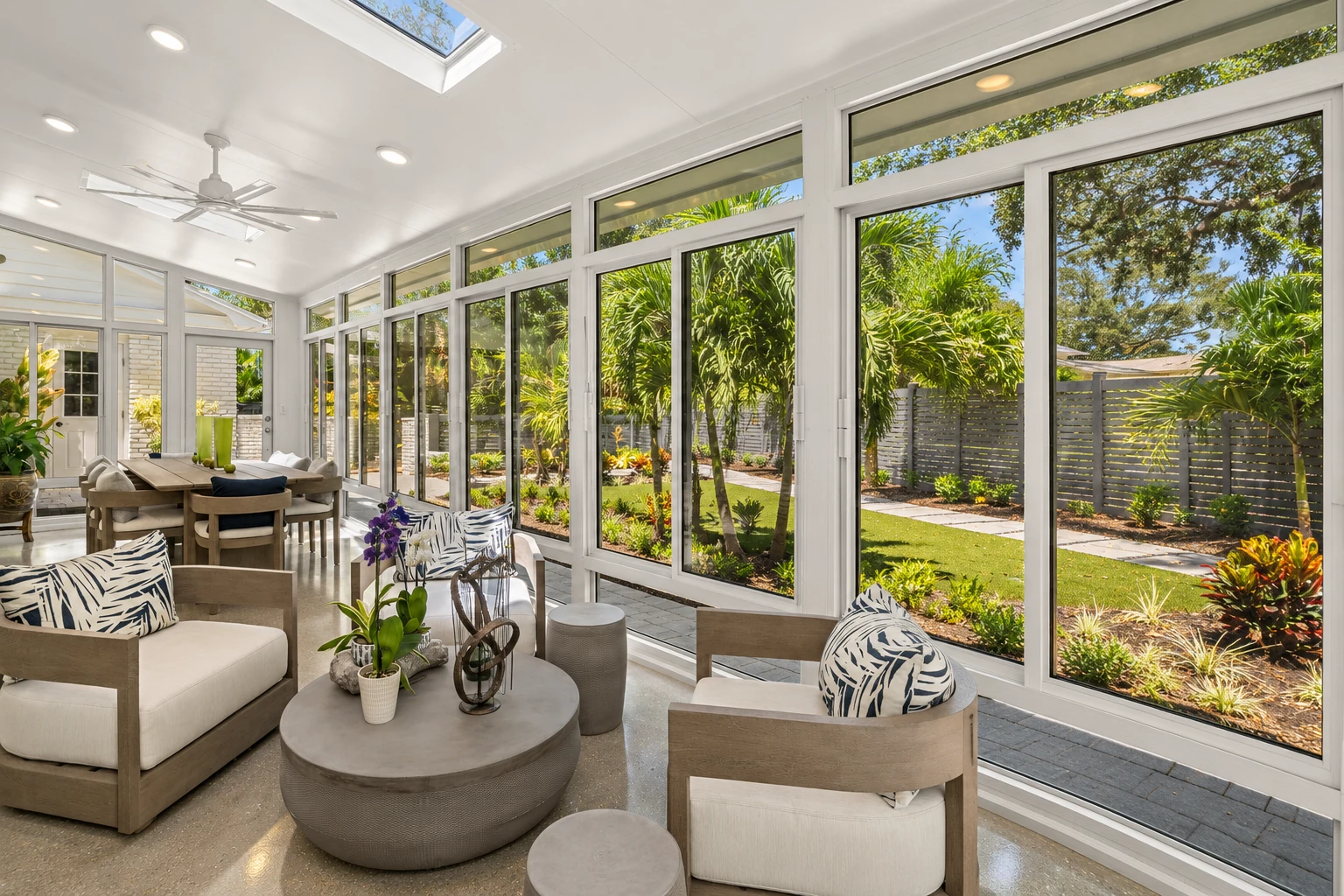 A bright sunroom with white-framed windows, skylights, recessed lights, and neutral seating overlooks a landscaped garden.