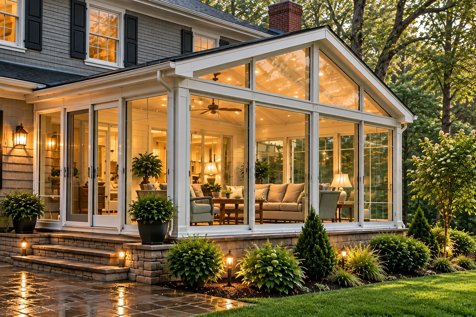 A white-framed vinyl sunroom glows at dusk, with a peaked glass roof, furnished interior, and stone steps beside landscaped gardens.